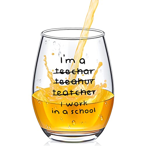 Patelai Christmas Teacher Gifts 16 oz Funny Stemless Wine Glasses Wrong I'm an Teacher I Work in a School Motivational Glass Cup for Teacher Birthday Back to School End of Term Graduation Present