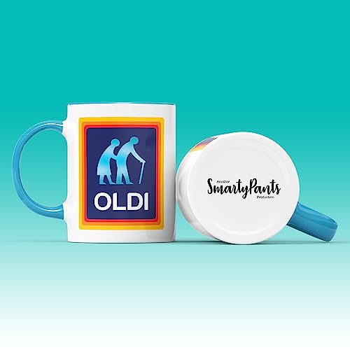 SMARTYPANTS Oldi Mug- Birthdays Christmas Funny Gift Presents Celebration Novelty Old Large Heavy Duty Handle Dino Coated Dishwasher/Microwave Safe Sublimation Ceramic (Blue Handle Prime)