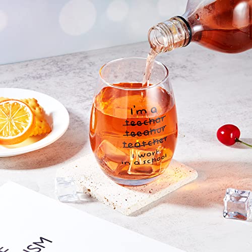 Patelai Christmas Teacher Gifts 16 oz Funny Stemless Wine Glasses Wrong I'm an Teacher I Work in a School Motivational Glass Cup for Teacher Birthday Back to School End of Term Graduation Present