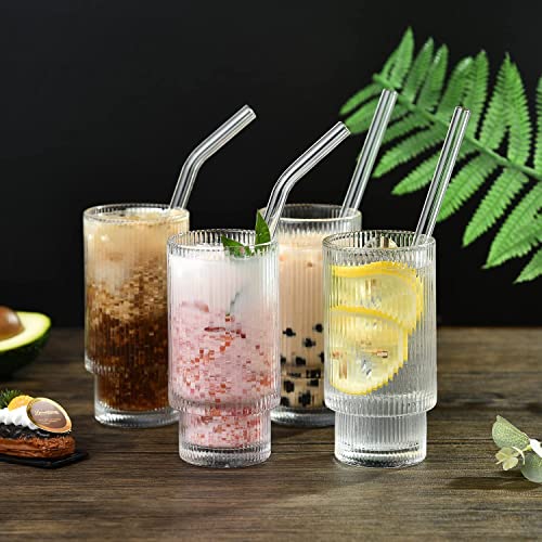 ALINK Ribbed Drinking Glasses with Glass Straws 4pcs Set, Vintage Iced Coffee Cups Glassware, Origami Style Ridged Glass Tumbler for Coocktail, Whiskey, Beer, Water - 2 Cleaning Brush