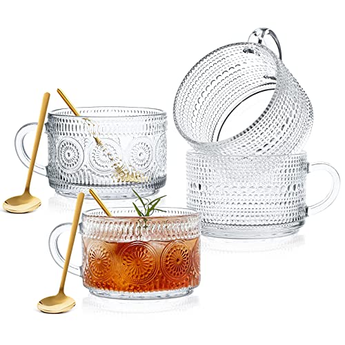 JIIKOOAI Vintage Glass Coffee Mugs Set of 4 with Spoon, 14 oz Embossed Glass Tea Cups Stackable Breakfast Mugs,Clear Drinking Glasses for Cereal, Latte, Beverage, Valentine, Birthday Christmas Gifts