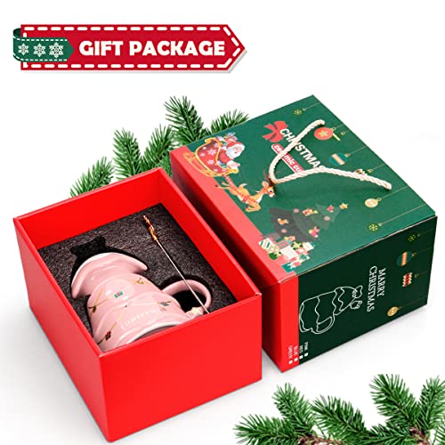 UYOTBKEUB Christmas Coffee Mug with Lid, Festival Cute Xmas Mugs Lovely Ceramic Tea Cups for Parents, Children, Sweetie and Friends