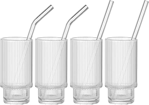 ALINK Ribbed Drinking Glasses with Glass Straws 4pcs Set, Vintage Iced Coffee Cups Glassware, Origami Style Ridged Glass Tumbler for Coocktail, Whiskey, Beer, Water - 2 Cleaning Brush