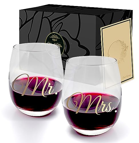 Triple Gifffted Mr Right Mrs Always Right Wine Glasses Gifts for Wedding, Anniversary, Gift for Engagement, Women, His and Her, Bride, Couples, Mom, Dad, Parents, Christmas, Valentines Set Presents