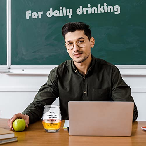 Patelai Christmas Teacher Gifts 16 oz Funny Stemless Wine Glasses Wrong I'm an Teacher I Work in a School Motivational Glass Cup for Teacher Birthday Back to School End of Term Graduation Present