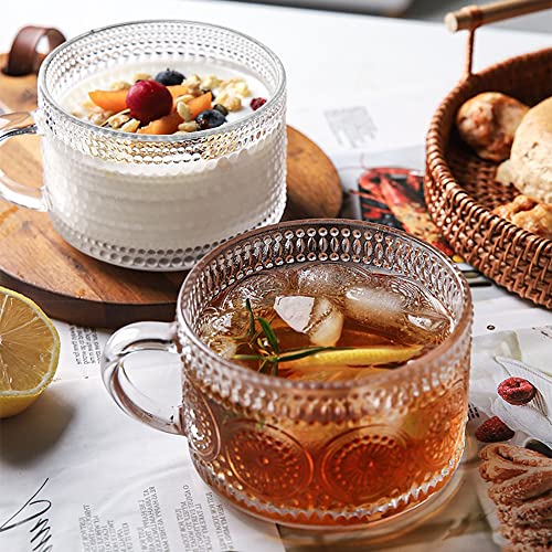 JIIKOOAI Vintage Glass Coffee Mugs Set of 4 with Spoon, 14 oz Embossed Glass Tea Cups Stackable Breakfast Mugs,Clear Drinking Glasses for Cereal, Latte, Beverage, Valentine, Birthday Christmas Gifts