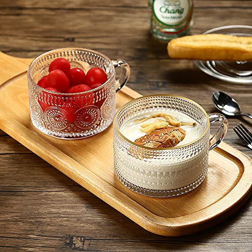 JIIKOOAI Vintage Glass Coffee Mugs Set of 4 with Spoon, 14 oz Embossed Glass Tea Cups Stackable Breakfast Mugs,Clear Drinking Glasses for Cereal, Latte, Beverage, Valentine, Birthday Christmas Gifts