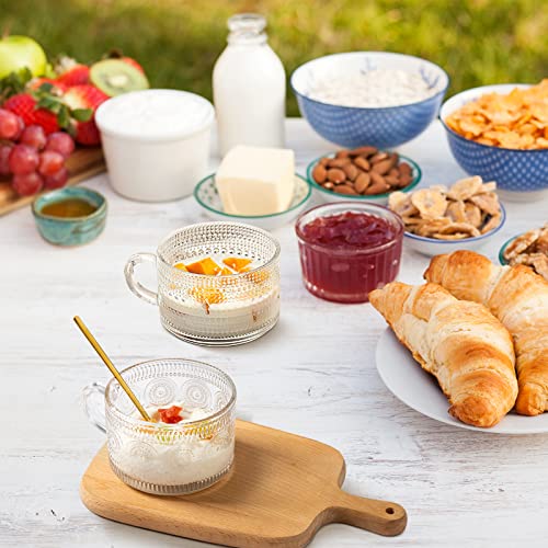 JIIKOOAI Vintage Glass Coffee Mugs Set of 4 with Spoon, 14 oz Embossed Glass Tea Cups Stackable Breakfast Mugs,Clear Drinking Glasses for Cereal, Latte, Beverage, Valentine, Birthday Christmas Gifts