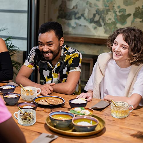 JIIKOOAI Vintage Glass Coffee Mugs Set of 4 with Spoon, 14 oz Embossed Glass Tea Cups Stackable Breakfast Mugs,Clear Drinking Glasses for Cereal, Latte, Beverage, Valentine, Birthday Christmas Gifts