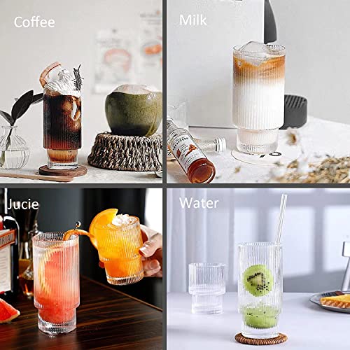 ALINK Ribbed Drinking Glasses with Glass Straws 4pcs Set, Vintage Iced Coffee Cups Glassware, Origami Style Ridged Glass Tumbler for Coocktail, Whiskey, Beer, Water - 2 Cleaning Brush