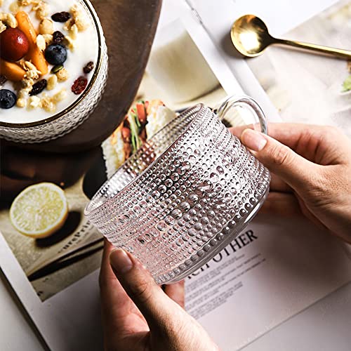 JIIKOOAI Vintage Glass Coffee Mugs Set of 4 with Spoon, 14 oz Embossed Glass Tea Cups Stackable Breakfast Mugs,Clear Drinking Glasses for Cereal, Latte, Beverage, Valentine, Birthday Christmas Gifts