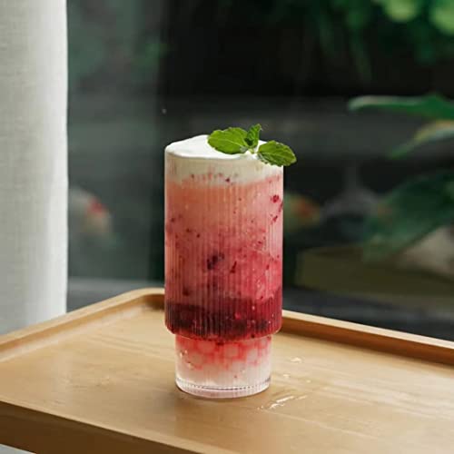 ALINK Ribbed Drinking Glasses with Glass Straws 4pcs Set, Vintage Iced Coffee Cups Glassware, Origami Style Ridged Glass Tumbler for Coocktail, Whiskey, Beer, Water - 2 Cleaning Brush