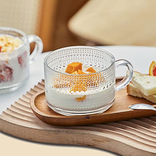 JIIKOOAI Vintage Glass Coffee Mugs Set of 4 with Spoon, 14 oz Embossed Glass Tea Cups Stackable Breakfast Mugs,Clear Drinking Glasses for Cereal, Latte, Beverage, Valentine, Birthday Christmas Gifts