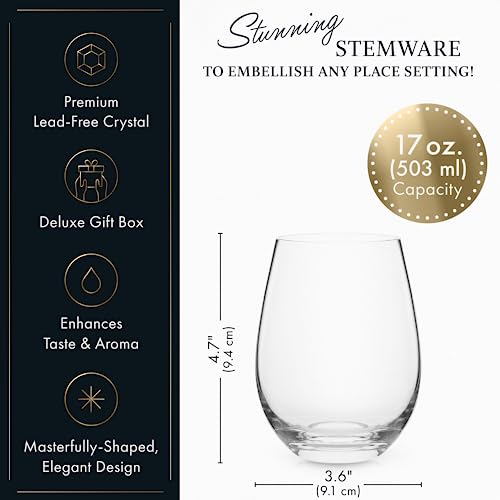 Stemless Wine Glasses - Hand Blown, Red White Wine Glasses Set of 4 - Premium Crystal Stemless Wine Glasses - Wine Tasting, Wedding, Anniversary, Christmas, Party - 18 oz, Clear