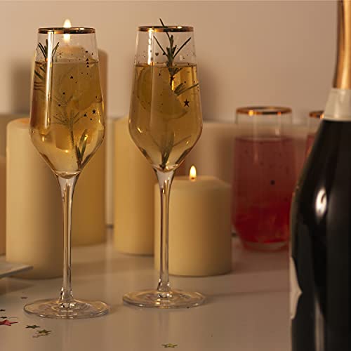 Vivo CY0585 Champagne Prosecco Flutes - Set Of 2 252ml, Crystalline Champagne Glasses, Limited Edition Gold Design , Fine Rim, Long Stem Celebration Glassware For Parties, Wedding Gifts, Cocktails