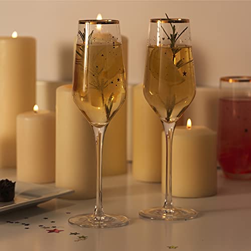 Vivo CY0585 Champagne Prosecco Flutes - Set Of 2 252ml, Crystalline Champagne Glasses, Limited Edition Gold Design , Fine Rim, Long Stem Celebration Glassware For Parties, Wedding Gifts, Cocktails