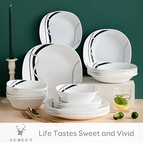 VEWEET 'Fionaglas' 24-Piece Dinner Set Kitchen Dinnerware Set, Opal Glassware Combination Sets Tableware Set of Dinner Plate, Soup Plate, Dessert Plate, Bowls, Service for 6