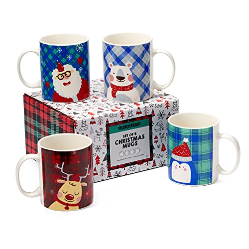 THE TWIDDLERS - 4 Christmas Mugs Different Festive Designs for Xmas Party Gift Set Secret Santa Present - 340 ml
