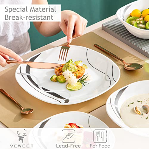 VEWEET 'Fionaglas' 24-Piece Dinner Set Kitchen Dinnerware Set, Opal Glassware Combination Sets Tableware Set of Dinner Plate, Soup Plate, Dessert Plate, Bowls, Service for 6