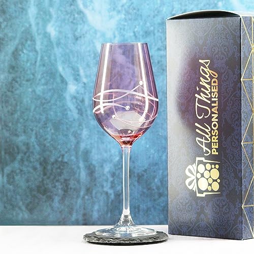 Personalised Engraved 350ml/11.8floz Pink Wine Glass with Spiral Cut Design and Diamante Finish - Comes in Gift Box Ready for Presentation to Recipient.