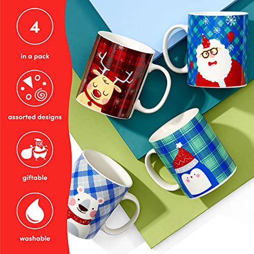 THE TWIDDLERS - 4 Christmas Mugs Different Festive Designs for Xmas Party Gift Set Secret Santa Present - 340 ml