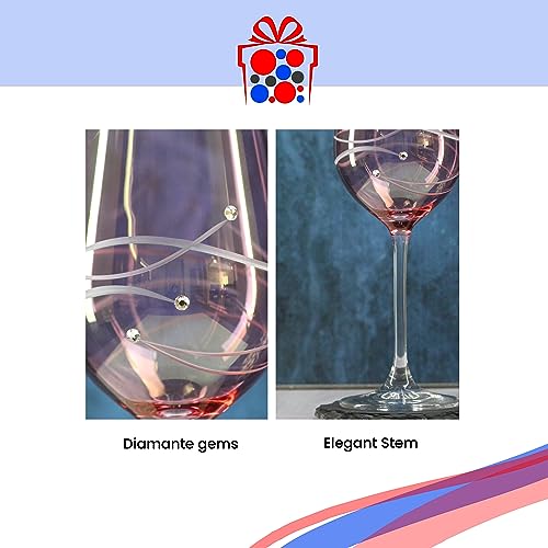 Personalised Engraved 350ml/11.8floz Pink Wine Glass with Spiral Cut Design and Diamante Finish - Comes in Gift Box Ready for Presentation to Recipient.