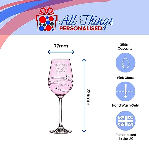 Personalised Engraved 350ml/11.8floz Pink Wine Glass with Spiral Cut Design and Diamante Finish - Comes in Gift Box Ready for Presentation to Recipient.