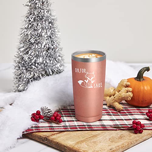 Livole Funny Gifts for Women, Her, Best Friends, Mothers Day Gifts for Mum, Wife, Christmas Presents, Fox Coffee Cup, 20oz Camping Travel Mug with Lid Straw, Vacuum Insulated Thermal Cup, Rose Gold