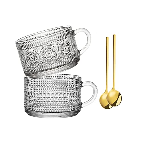 Hniuyun 2Pcs Vintage Coffee Mugs, 400Ml Glass Tea Cups with Spoons, Clear Embossed Glass Cups, Glass Coffee Cups for Cappuccino, Latte, Cereal, Yogurt, Milk, Christmas Thanksgiving Gifts