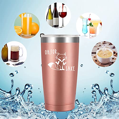 Livole Funny Gifts for Women, Her, Best Friends, Mothers Day Gifts for Mum, Wife, Christmas Presents, Fox Coffee Cup, 20oz Camping Travel Mug with Lid Straw, Vacuum Insulated Thermal Cup, Rose Gold