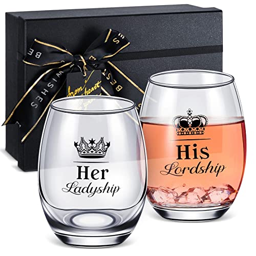 His Lordship and Her Ladyship Gin Glass Set Wedding Gifts to Bride and Groom Anniversary Gin Glasses Set of 2 Cocktail Short Glasses Stemless Wine Glass Gifts to Couple Women Date Party, 16 oz