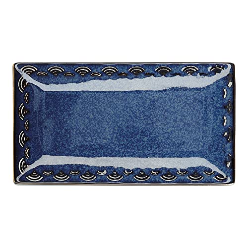 Mikasa Satori Japanese Serving Platter with Wave Pattern Border and Real Gold Rim, Porcelain, Indigo Blue/White, 15.5 x 28 cm