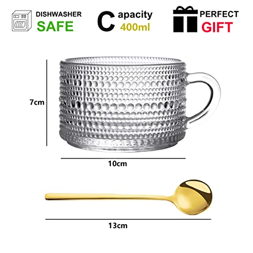 Hniuyun 2Pcs Vintage Coffee Mugs, 400Ml Glass Tea Cups with Spoons, Clear Embossed Glass Cups, Glass Coffee Cups for Cappuccino, Latte, Cereal, Yogurt, Milk, Christmas Thanksgiving Gifts