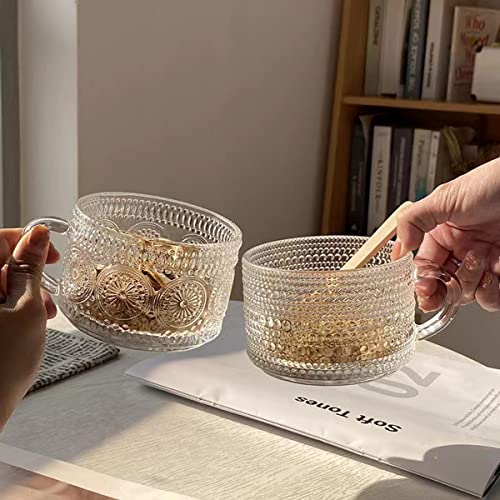 Hniuyun 2Pcs Vintage Coffee Mugs, 400Ml Glass Tea Cups with Spoons, Clear Embossed Glass Cups, Glass Coffee Cups for Cappuccino, Latte, Cereal, Yogurt, Milk, Christmas Thanksgiving Gifts