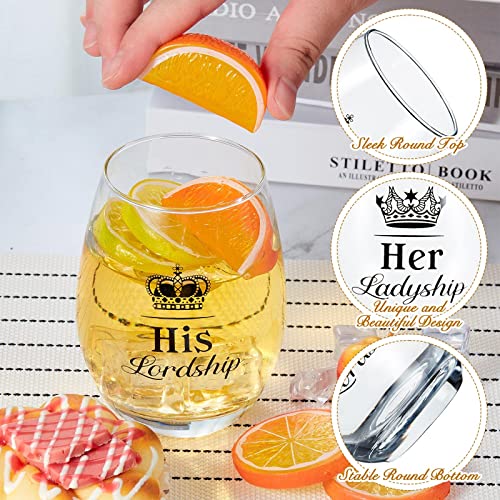 His Lordship and Her Ladyship Gin Glass Set Wedding Gifts to Bride and Groom Anniversary Gin Glasses Set of 2 Cocktail Short Glasses Stemless Wine Glass Gifts to Couple Women Date Party, 16 oz
