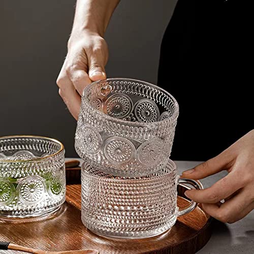 Hniuyun 2Pcs Vintage Coffee Mugs, 400Ml Glass Tea Cups with Spoons, Clear Embossed Glass Cups, Glass Coffee Cups for Cappuccino, Latte, Cereal, Yogurt, Milk, Christmas Thanksgiving Gifts
