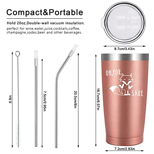 Livole Funny Gifts for Women, Her, Best Friends, Mothers Day Gifts for Mum, Wife, Christmas Presents, Fox Coffee Cup, 20oz Camping Travel Mug with Lid Straw, Vacuum Insulated Thermal Cup, Rose Gold