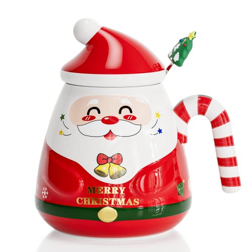 UYOTBKEUB Christmas Coffee Mug with Lid and Stir Stick, Festival Cute Xmas Mugs Lovely Ceramic Tea Cups for Parents, Sweetie and Friends