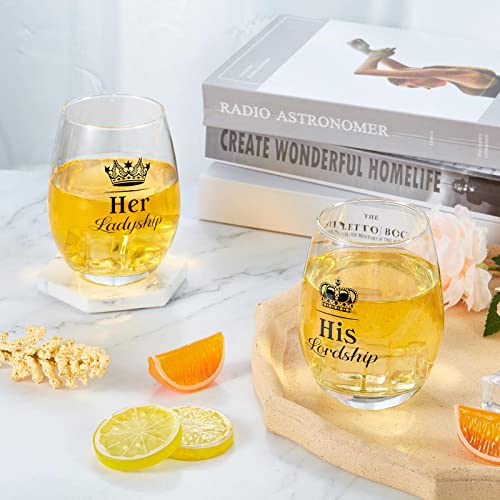 His Lordship and Her Ladyship Gin Glass Set Wedding Gifts to Bride and Groom Anniversary Gin Glasses Set of 2 Cocktail Short Glasses Stemless Wine Glass Gifts to Couple Women Date Party, 16 oz