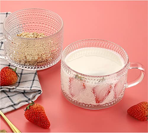 Hniuyun 2Pcs Vintage Coffee Mugs, 400Ml Glass Tea Cups with Spoons, Clear Embossed Glass Cups, Glass Coffee Cups for Cappuccino, Latte, Cereal, Yogurt, Milk, Christmas Thanksgiving Gifts