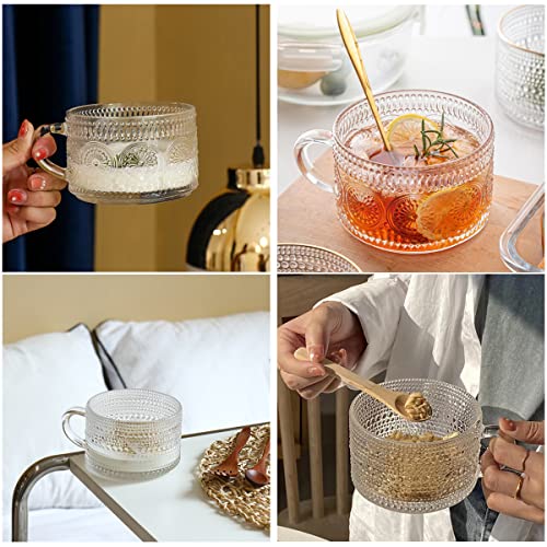 Hniuyun 2Pcs Vintage Coffee Mugs, 400Ml Glass Tea Cups with Spoons, Clear Embossed Glass Cups, Glass Coffee Cups for Cappuccino, Latte, Cereal, Yogurt, Milk, Christmas Thanksgiving Gifts