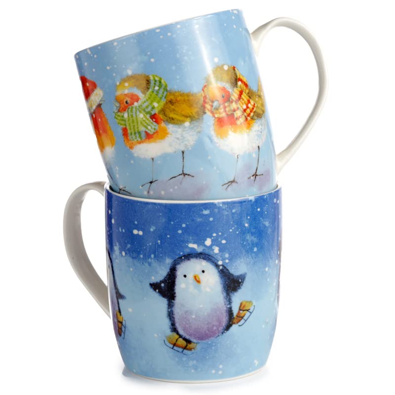 Puckator Jan Pashley Christmas Robin & Skating Penguin Set of 2 Porcelain Mugs Coffee Tea Cups, Food Dishwasher & Microwave Safe, Home Office Work, Multicolour