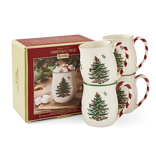 Spode Christmas Tree Mugs with Peppermint Handles Set of 4