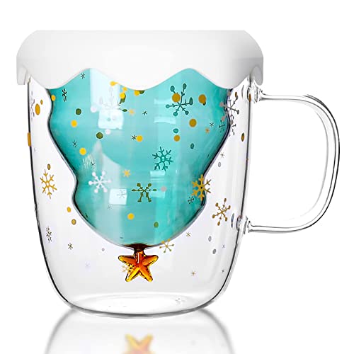 LTXDJ Double Wall Insulated Glasses Mugs, Christmas Mugs Cute Christmas Tree Mugs Milk Cup Gift for Christmas Thanksgiving Birthday