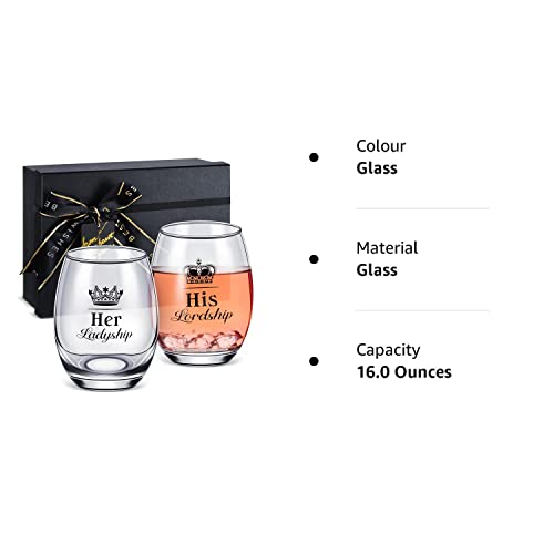 His Lordship and Her Ladyship Gin Glass Set Wedding Gifts to Bride and Groom Anniversary Gin Glasses Set of 2 Cocktail Short Glasses Stemless Wine Glass Gifts to Couple Women Date Party, 16 oz