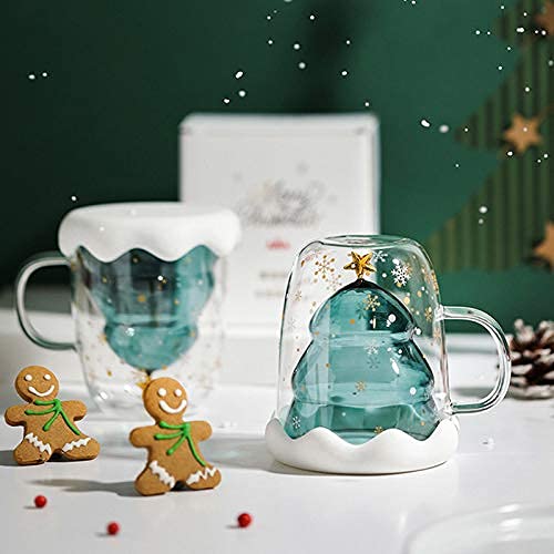 LTXDJ Double Wall Insulated Glasses Mugs, Christmas Mugs Cute Christmas Tree Mugs Milk Cup Gift for Christmas Thanksgiving Birthday