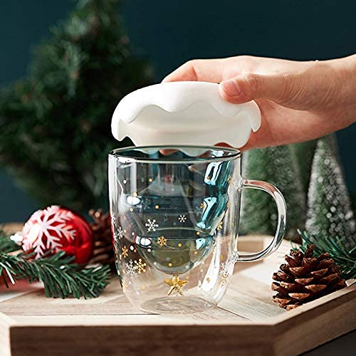 LTXDJ Double Wall Insulated Glasses Mugs, Christmas Mugs Cute Christmas Tree Mugs Milk Cup Gift for Christmas Thanksgiving Birthday