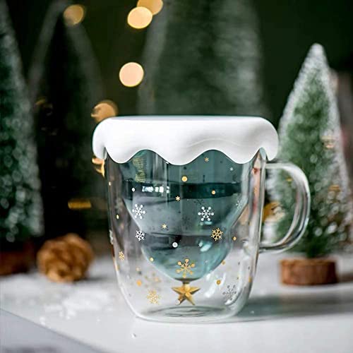 LTXDJ Double Wall Insulated Glasses Mugs, Christmas Mugs Cute Christmas Tree Mugs Milk Cup Gift for Christmas Thanksgiving Birthday