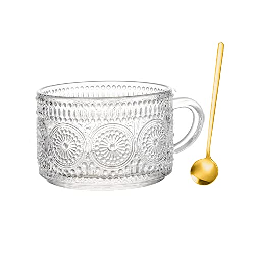 MengCat Vintage Tea Mug 12.5Oz Clear Embossed Glass ,Breakfast Coffee Cup for Cappuccino,Latte,Cereal,Yogurt,Milk,Birthday Mother's,Christmas Day