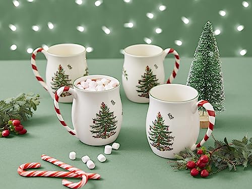 Spode Christmas Tree Mugs with Peppermint Handles Set of 4